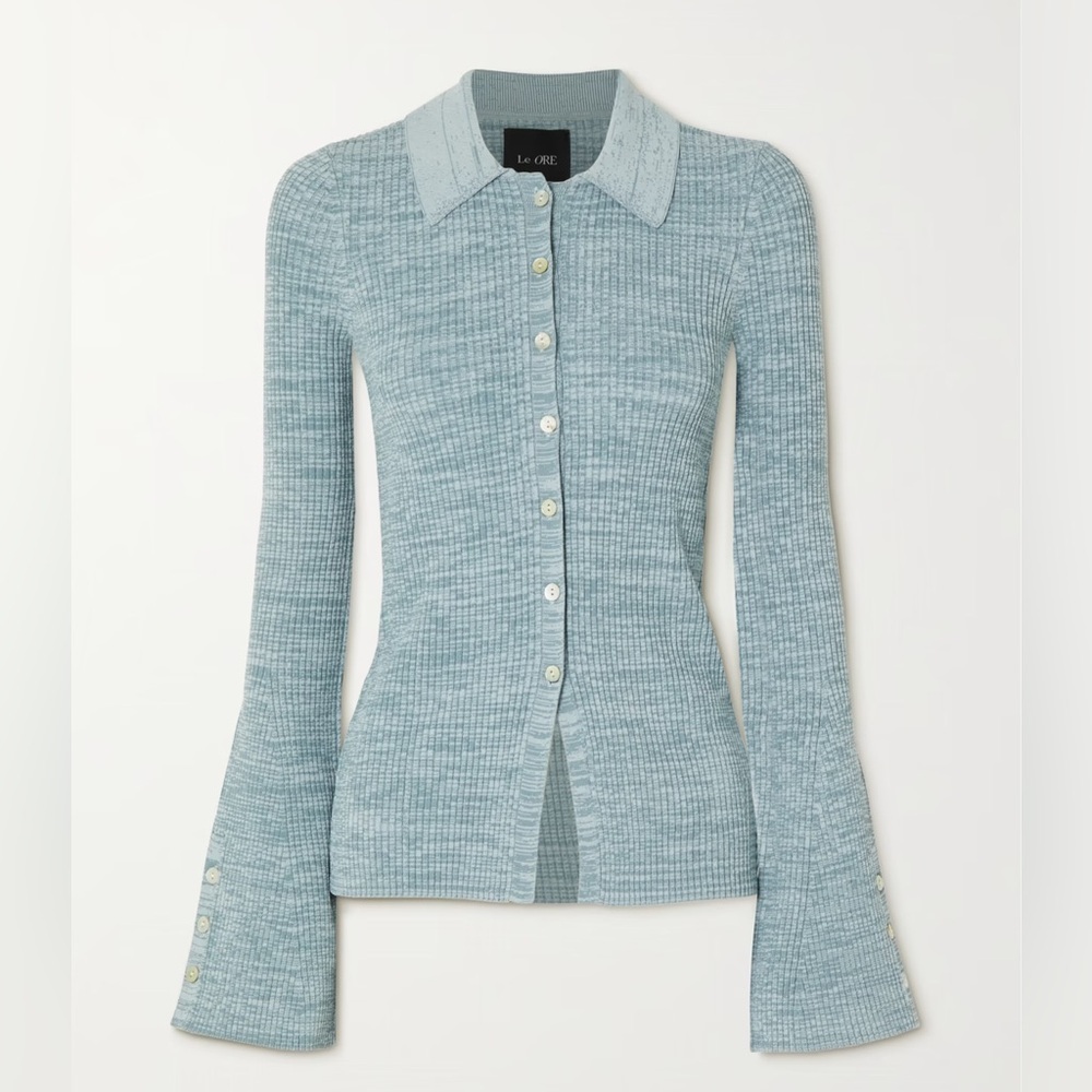 LE ORE Rimini Flared-cuff Space-dyed Recycled Ribbed-knit Cardigan